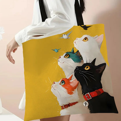 1pc Stacked Cat Handbag, Reusable Fashionable Handbag, Multifunctional Handbag, Printed Canvas Shopping Bag