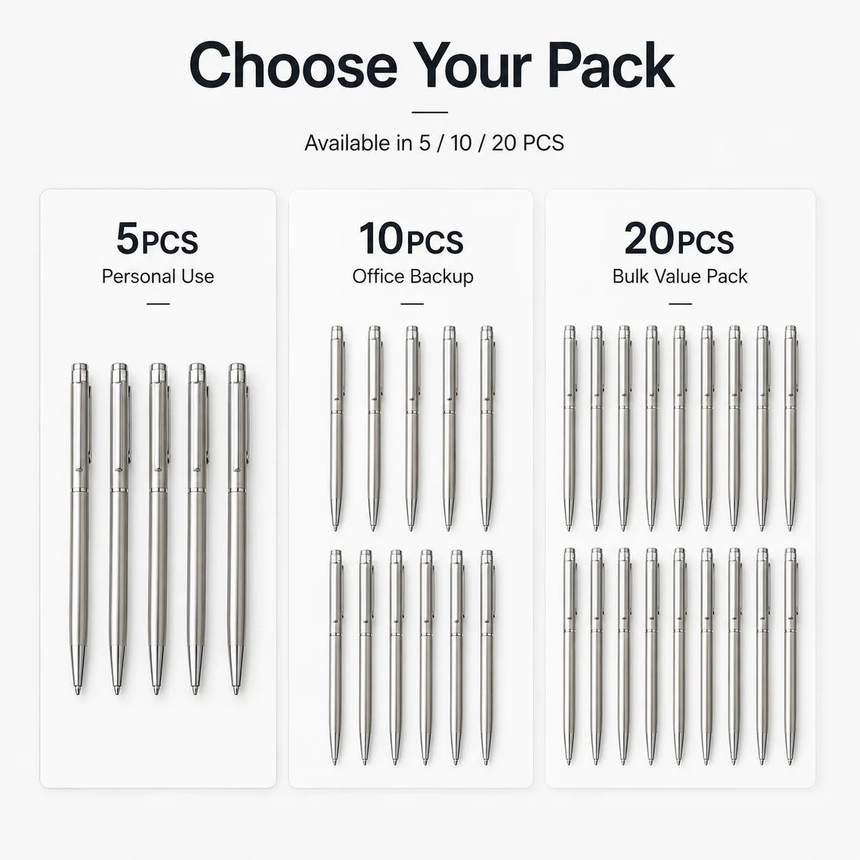 5/10/20Pcs Stainless Steel Ballpoint Pens, Silver Metal Medium Nib Smooth Twist Writing Pens for Office School
