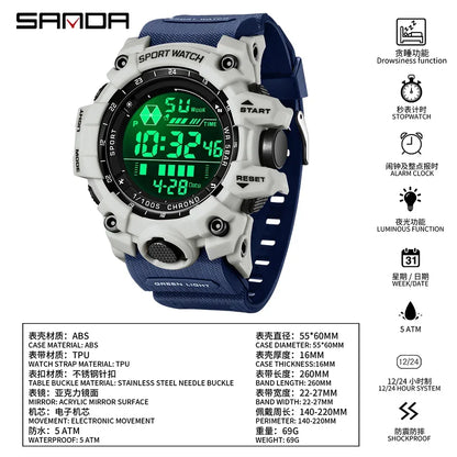 SANDA Men Outdoor Sports Watch Waterproof LED Analog Digital Show Multifunction Big Dial Electronic Wristwatch G style Male Cloc