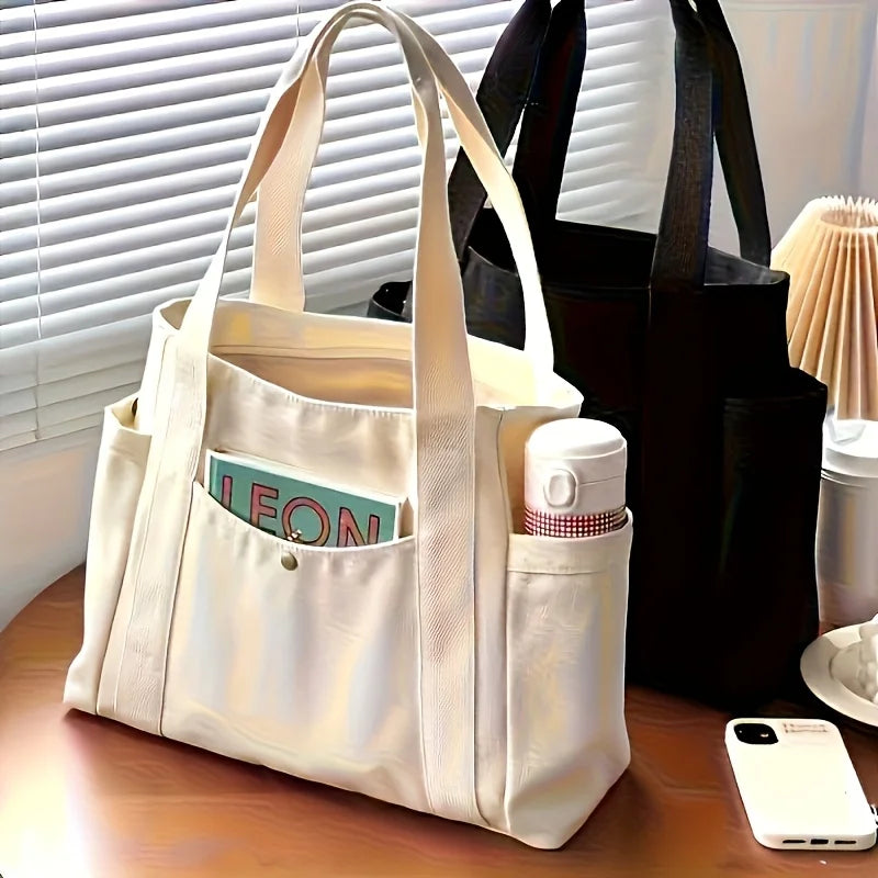 Stylish Large Capacity Canvas Tote Bag - Zipper Closure Durable Shoulder Straps Perfect for Commuting, College and Book Carrying
