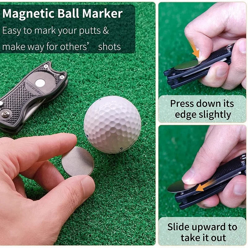 Golf Divot Repair Tool Foldable Metal Golf Green Divot Tool with Magnetic Ball Marker