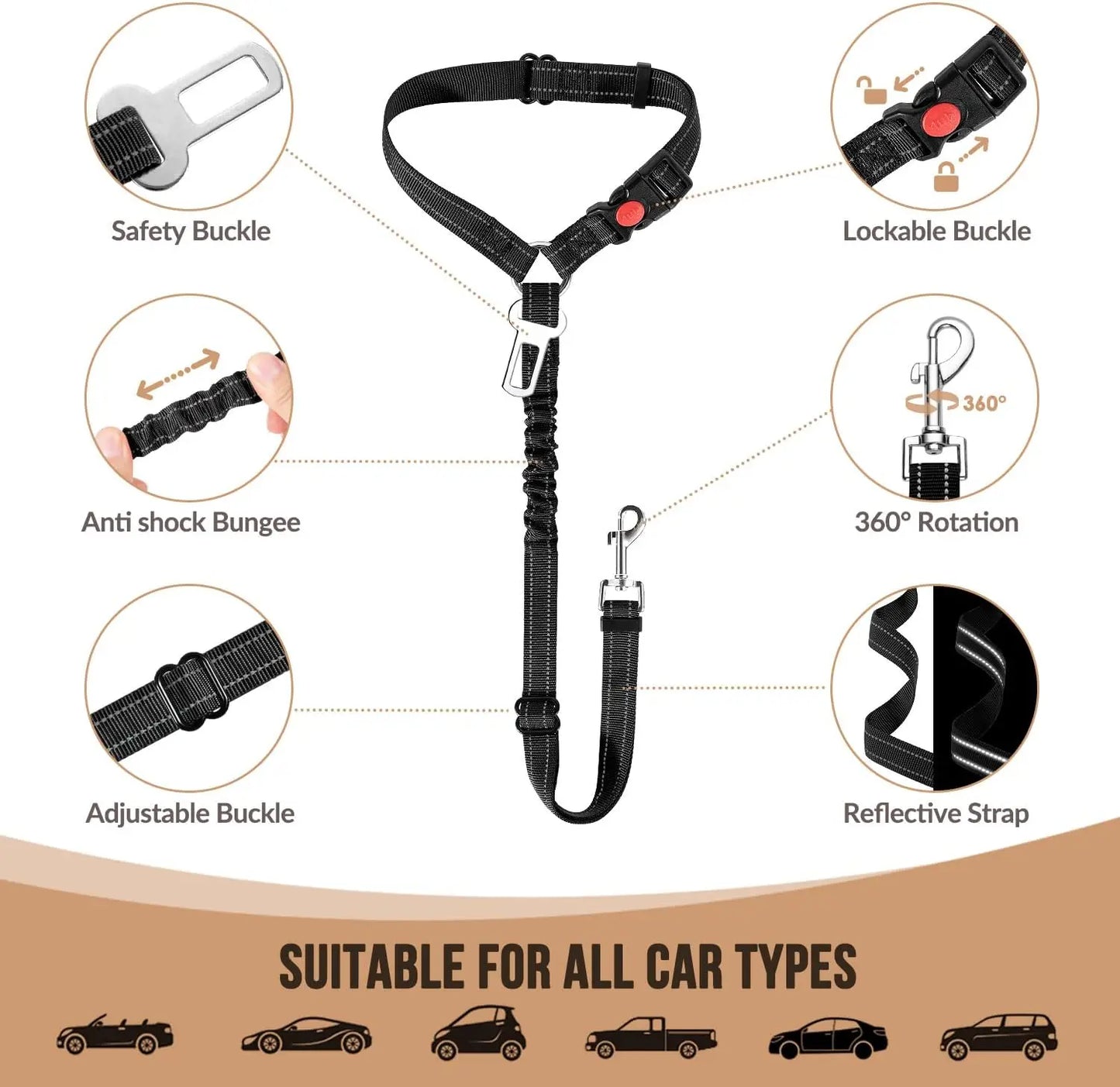 Dog Seat Belt for Car,Dog Car Harness Seatbelt Adjustable with Elastic Bungee Buffer, 2in1 Pet Leash Restraint Dog Safety Tether