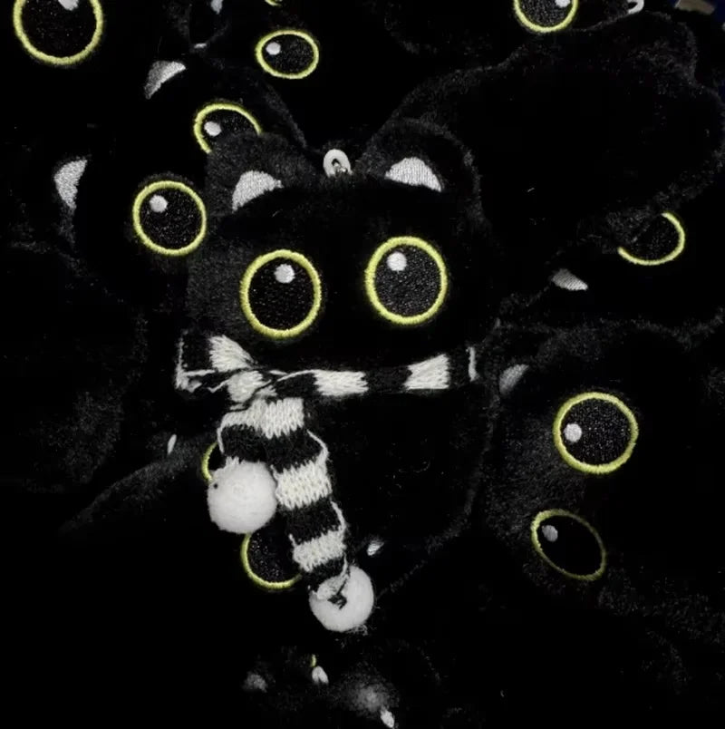 New Kawaii Big Eyes Cat Plush Doll With Scarf Black Cat Keychain Bag Pendant Cartoon Kitten Ornament Festival Gift For Friends