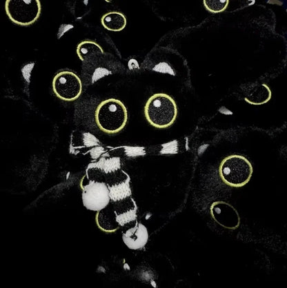 New Kawaii Big Eyes Cat Plush Doll With Scarf Black Cat Keychain Bag Pendant Cartoon Kitten Ornament Festival Gift For Friends
