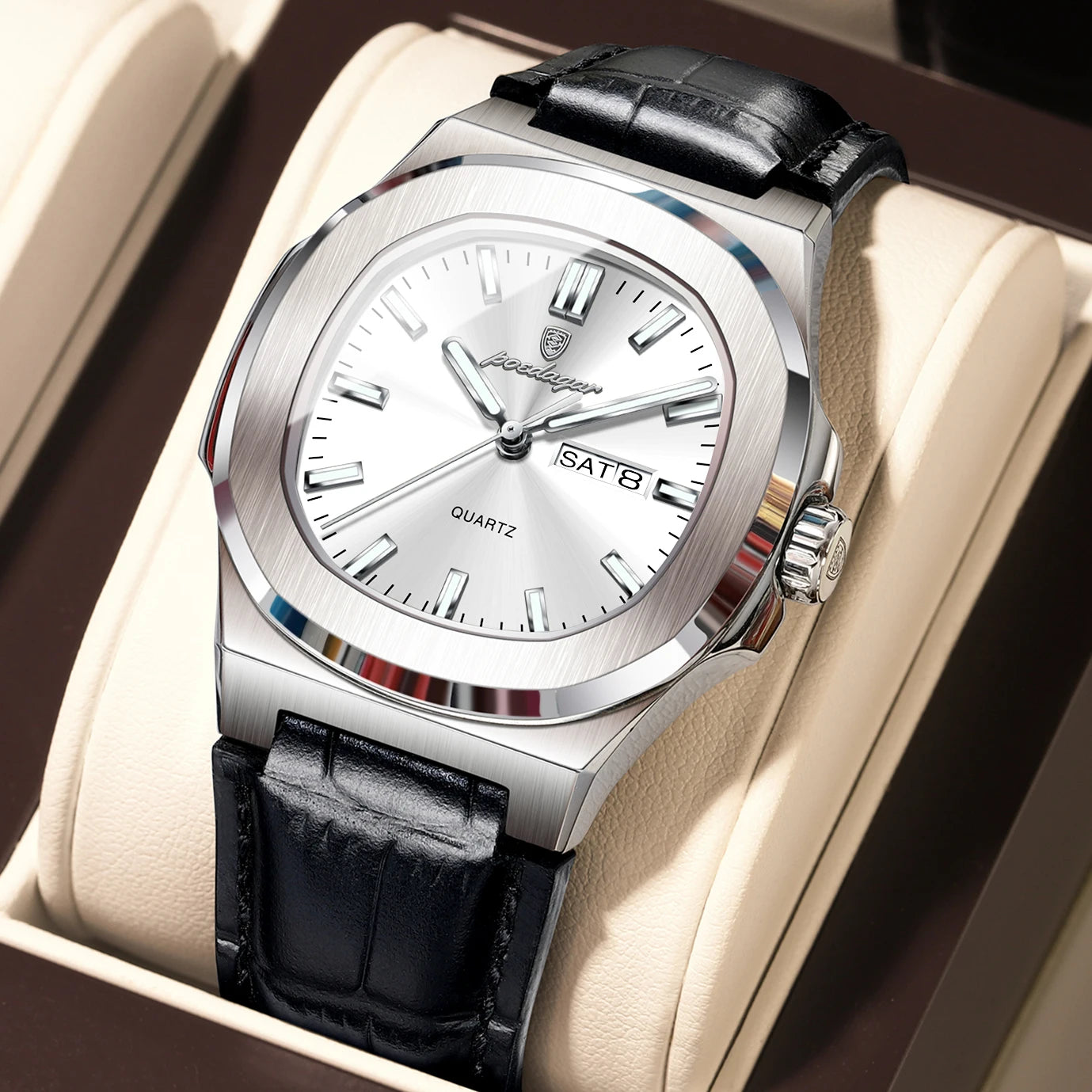 POEDAGAR Square Wristwatch For Men Luminous Waterproof Week Calendar Luxury Man Clock Leather Quartz Fashion Men's Watches Reloj