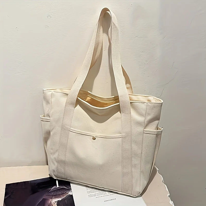 Stylish Large Capacity Canvas Tote Bag - Zipper Closure Durable Shoulder Straps Perfect for Commuting, College and Book Carrying