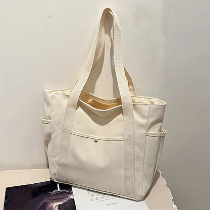 Stylish Large Capacity Canvas Tote Bag - Zipper Closure Durable Shoulder Straps Perfect for Commuting, College and Book Carrying