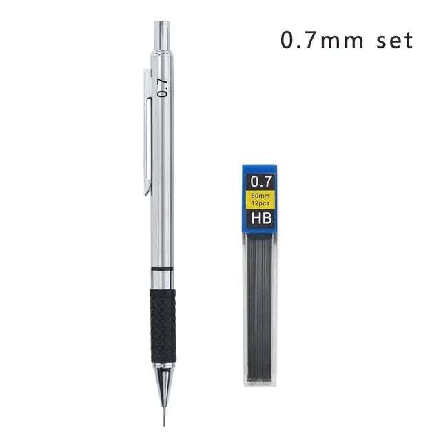 Metal Mechanical Pencil Set with Pencil Grip Leads Art Drawing Student Office Supplies 0.5/0.7/0.9/2.0mm Automatic Pencil