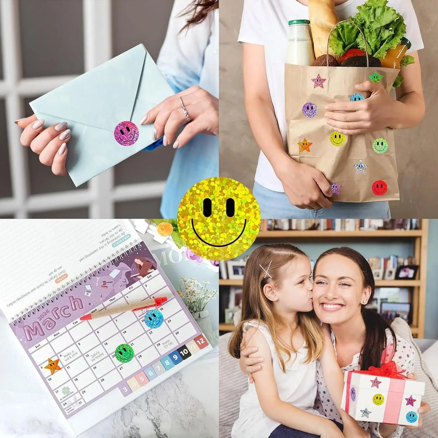 500 Pcs Smile Face Stickers Roll Laser Colorful Happy Face Sticker for Classroom Back to School Birthday Teacher Reward,1inch