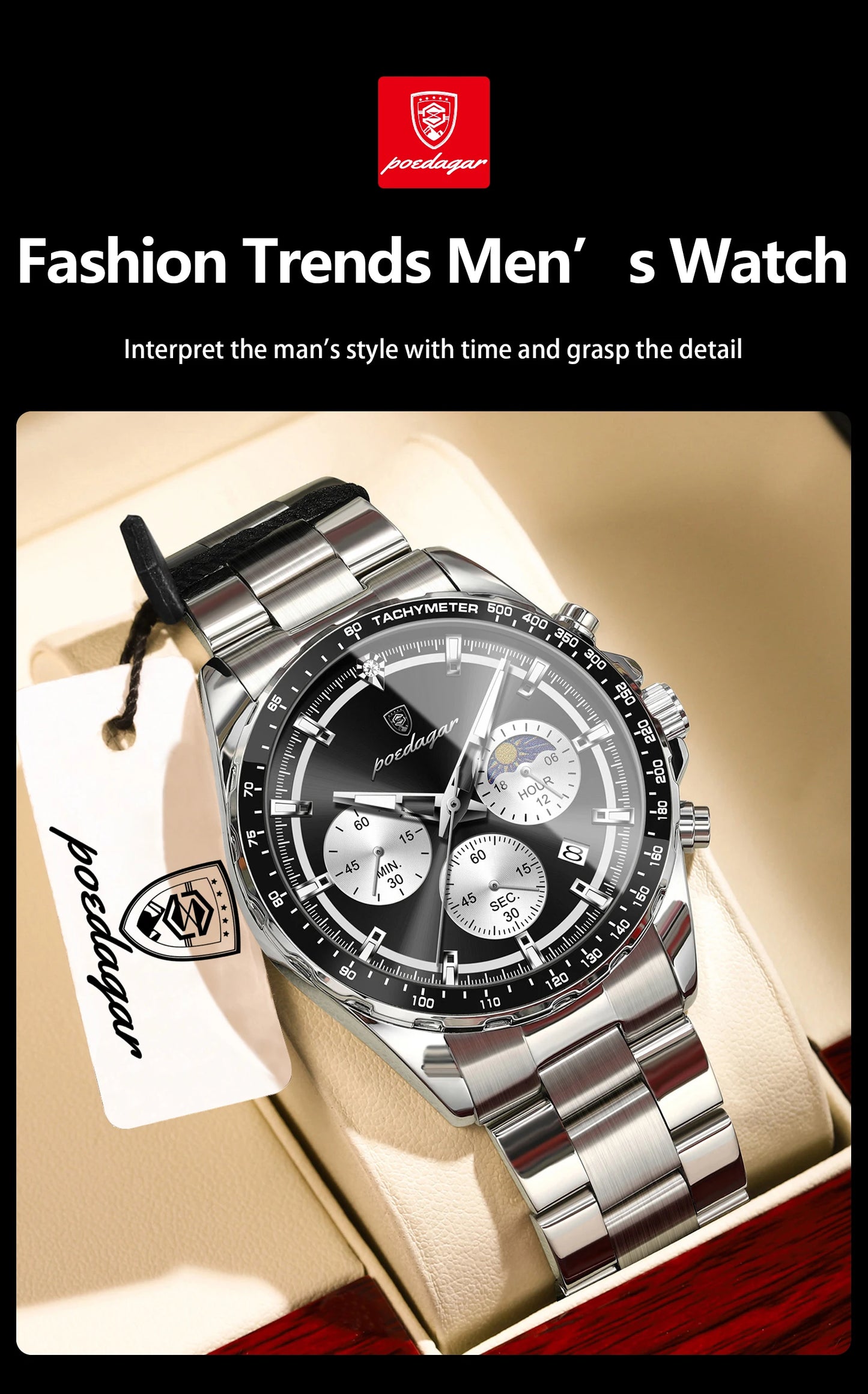 POEDAGAR Business Brand Man Wristwatch Waterproof Stainless Steel Luminous Men Watch Chronograph Date Men's Quartz Watches Reloj