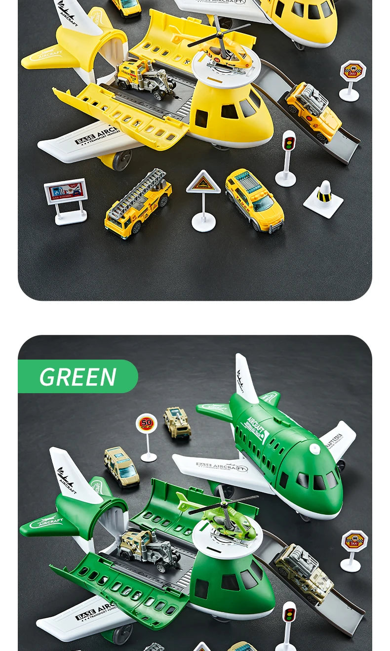 Children's Airplane Car Toy, Inertial Airplane Model, Equipped with 6 Road Signs Random 3 Cars 1 Helicopter, Christmas Gift