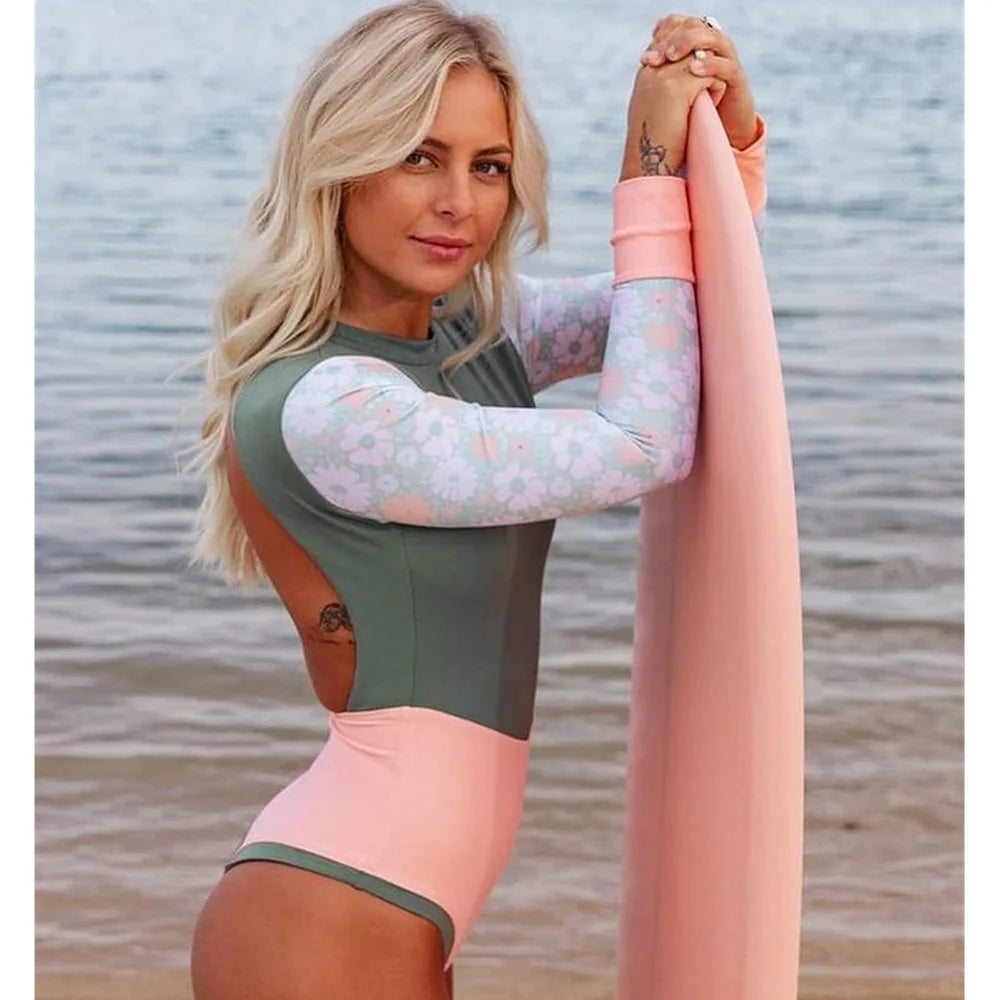 New Patchwork One-Piece Swimsuit Long Sleeve Swimwear Sports Backless Women's Swimming Bathing Suit Beach Wear Bather Surfing