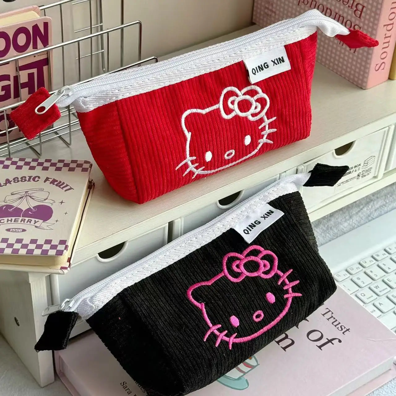 Cute Hello Kitty Corduroy Large Capacity Stationery Storage Bag Portable Handbag Cartoon Pen Bag with High Appearance Value