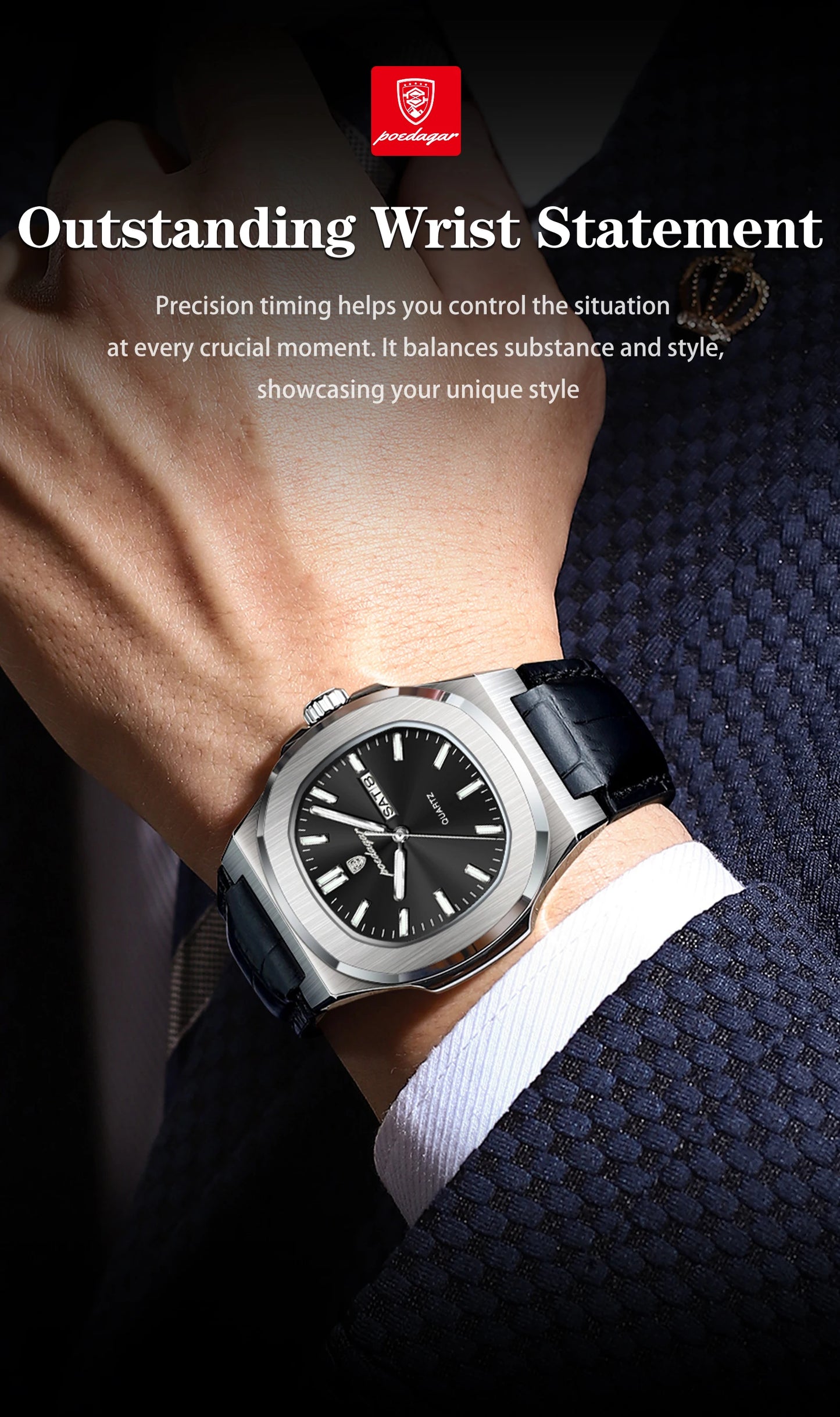 POEDAGAR Square Wristwatch For Men Luminous Waterproof Week Calendar Luxury Man Clock Leather Quartz Fashion Men's Watches Reloj