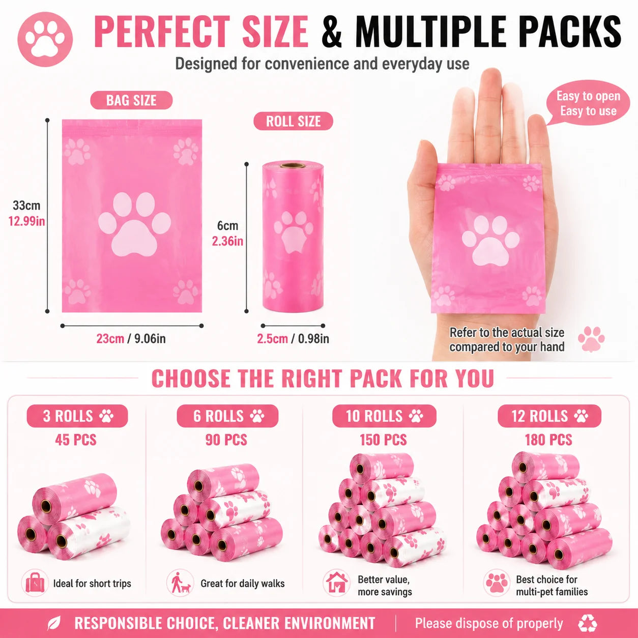 180PCS Dog Waste Bags Thick Leakproof Pet Poop Bags with Easy Carry Rolls for Dogs Cats Walking Outdoor Cleaning