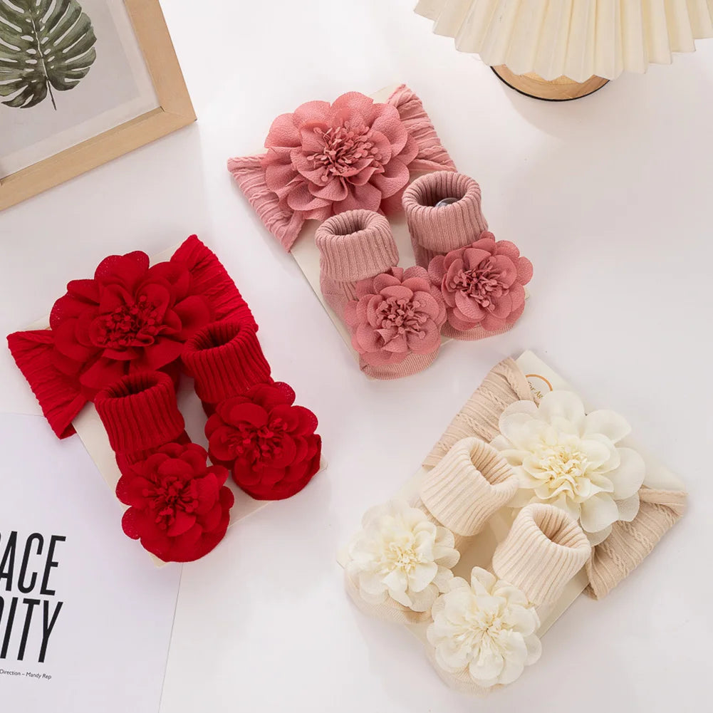 3Pcs/Set Lace Flower Baby Headbands Socks Cotton Non-slip Anklet 0-12M Stockings Wide Elastic Hairbands Infant Photogrphy Props