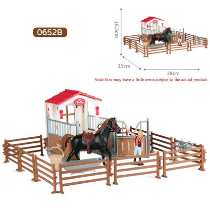 Oenux Farm Stable House Model Action Figures Emulational Horseman Horse Animals Playset Figurine Cute Educational Kids Toy Gift
