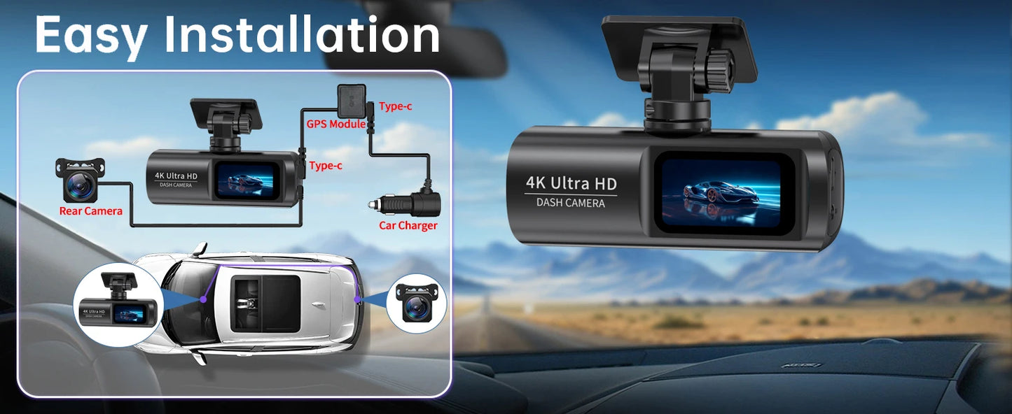 Soam Dash Cam 4K+1080P Dual-channel Dash Car Camera Recorder With GPS WiFi Car DVR 24H Parking Monitor Black Box