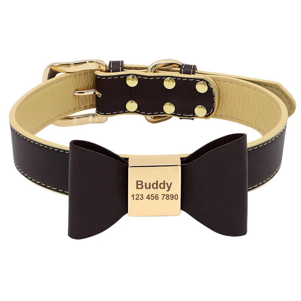 Custom PU Leather Dog Collar Soft Bowknot Pet Collars Engraved Name Puppy Cat Necklace Anti-lost for Small Medium Large Dogs Pug