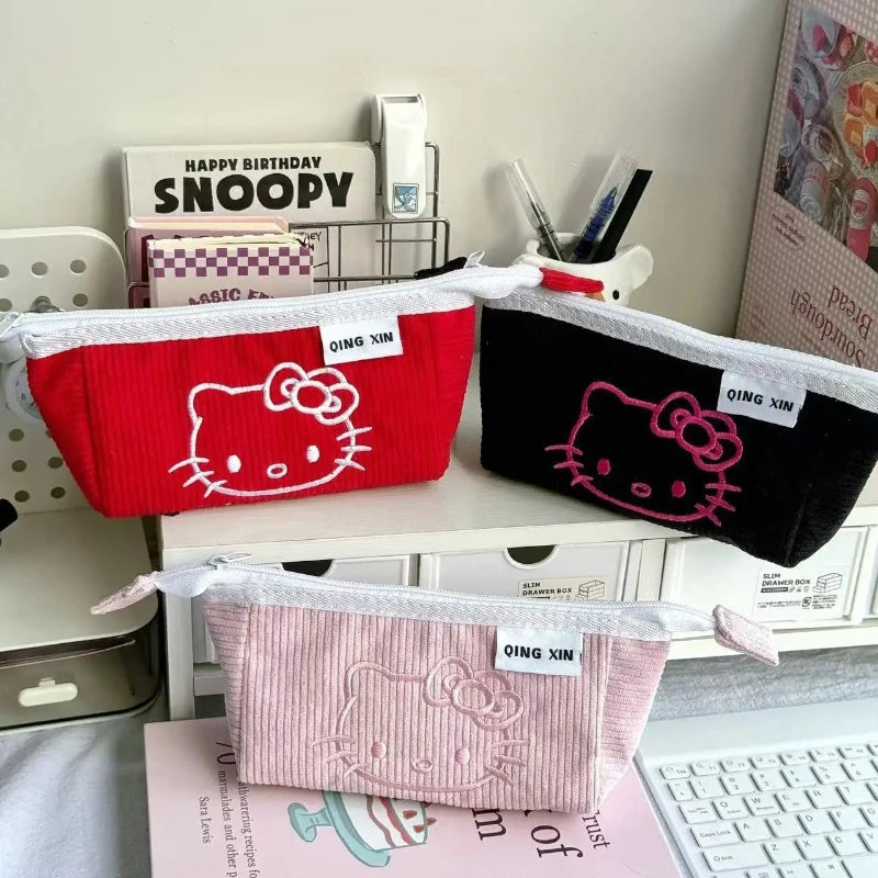 Cute Hello Kitty Corduroy Large Capacity Stationery Storage Bag Portable Handbag Cartoon Pen Bag with High Appearance Value