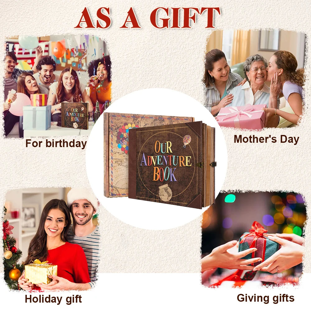 Our Adventure Journal 146page Vintage Leather DIY Scrapbook Album Balloon Text Theme for Anniversary Wedding Mother's Day Gifts