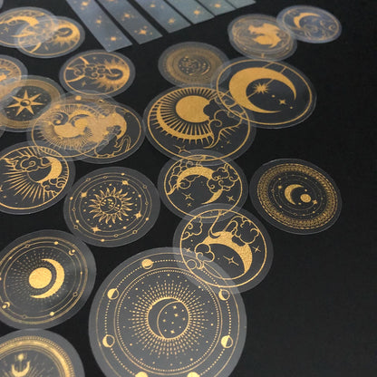 70 pcs Glitter Gold PET Adhesive Stickers Waterproof Transparent Label: SUN MOON Stars Etc