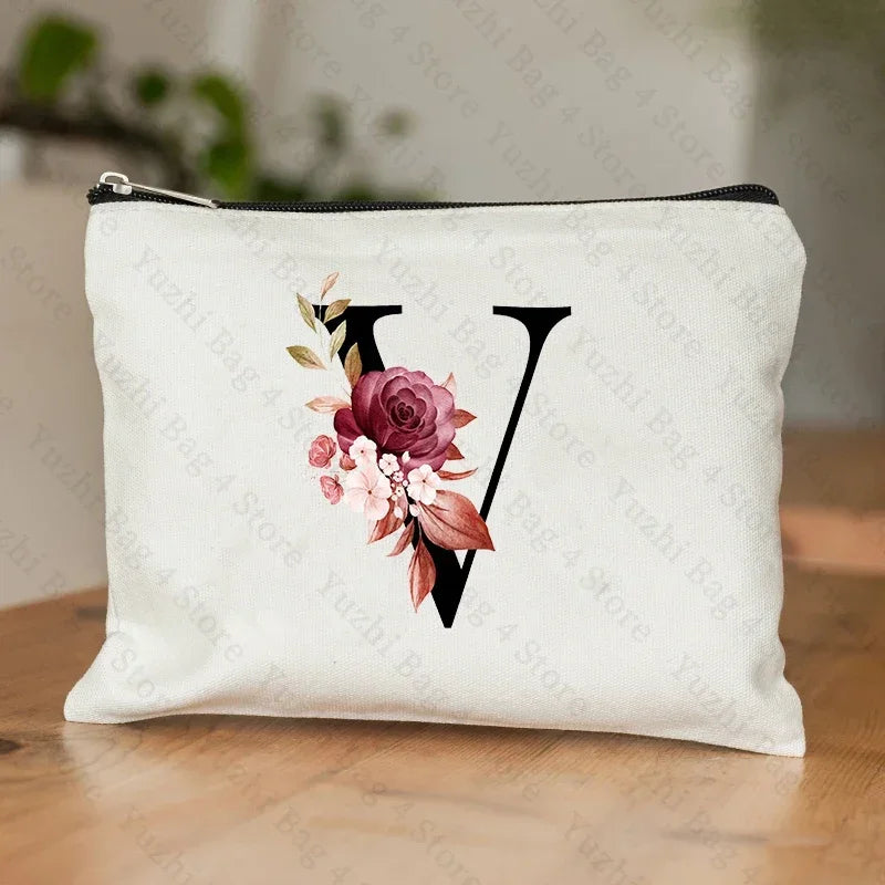 26 Letters Flower Makeup Bag Printed Bridesmaid Wedding Gift Graduation Teacher's Day Gift Storage Bag Travel perfume Side Bag