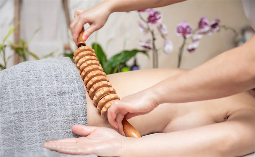Natural Curved Wooden Massage Roller for Waist and Thigh, Multi-Functional Body Roller for Cellulite Reduction & Muscle Tension