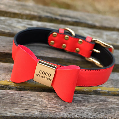 Custom PU Leather Dog Collar Soft Bowknot Pet Collars Engraved Name Puppy Cat Necklace Anti-lost for Small Medium Large Dogs Pug
