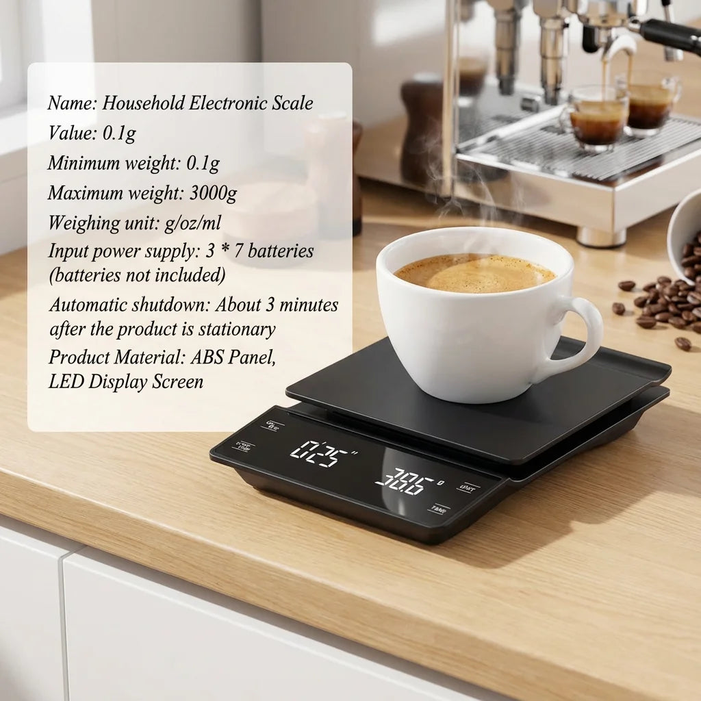 3kg/0.1g Coffee Scale with Timer Kitchen Tools Digital Multifunction Weighing Scale Pour Over Drip Espresso Scale LCD Display