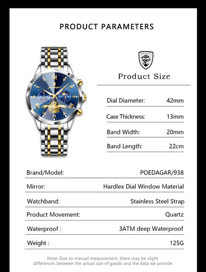 POEDAGAR Luxury Original Men Watch Waterproof Luminous Chronograph Man Wristwatch Stainless Steel Quartz Top Men's Watches Reloj