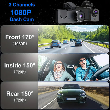 3 Channel Car Camera，Triple Lens WiFi Dashcam, 1080P HD Video Recorder, Night Vision, Car DVR with Wide Angle for Front and Rea