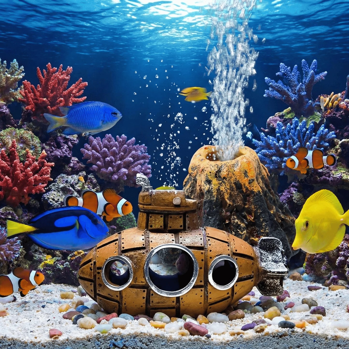 Aquarium Decoration Set Resin Submarine & Volcano Air Bubbler Fish Tank Ornaments Landscape Accessories for Betta Shrimp Decor