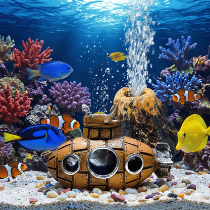 Aquarium Decoration Set Resin Submarine & Volcano Air Bubbler Fish Tank Ornaments Landscape Accessories for Betta Shrimp Decor