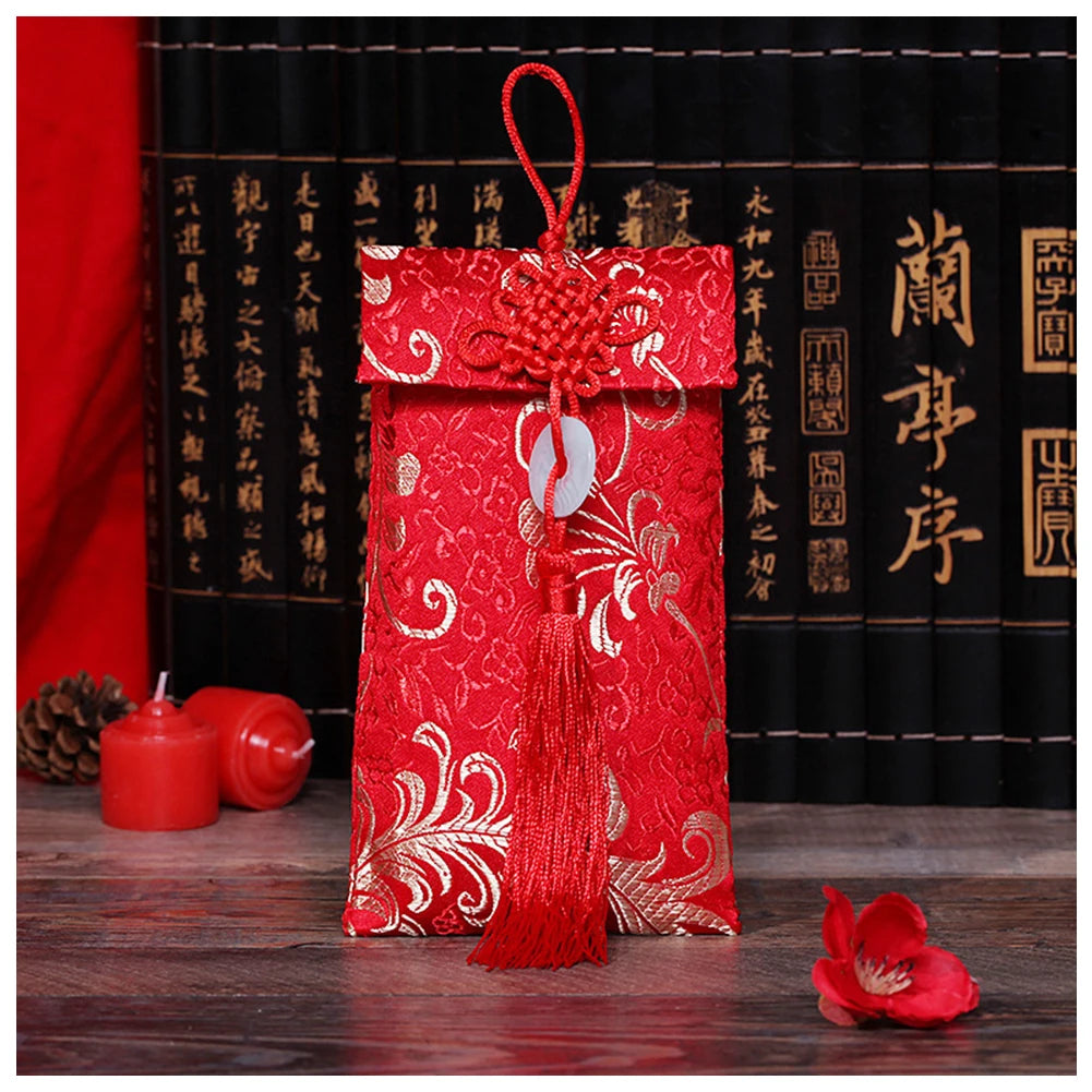 Chinese Style Brocade Red Envelope Bag Spring Festival Luck Red Packets Bag for Chinese Wedding Birthday Invitation Card Bag