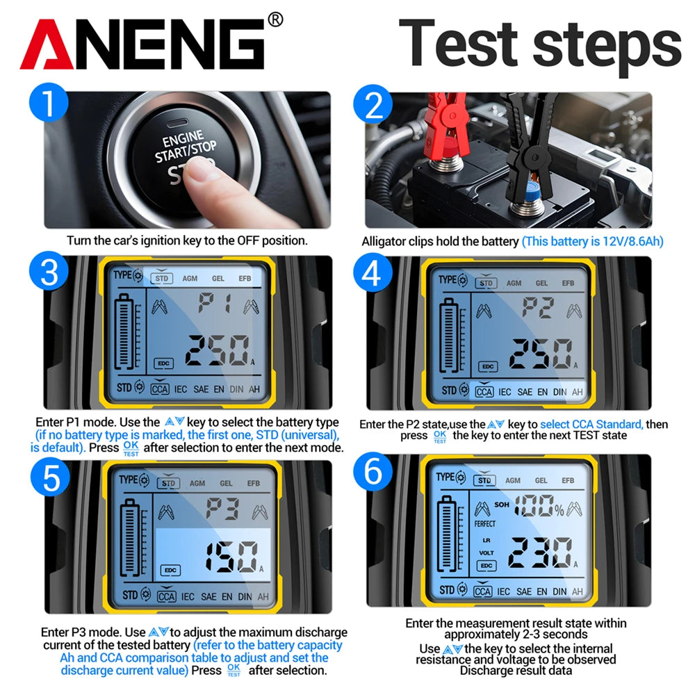 12V 24V Car Battery Tester Digital Automotive Load Tester 50-1999 CCA Battery Analyzer ANENG BT175 With Insulated Alligator Clip