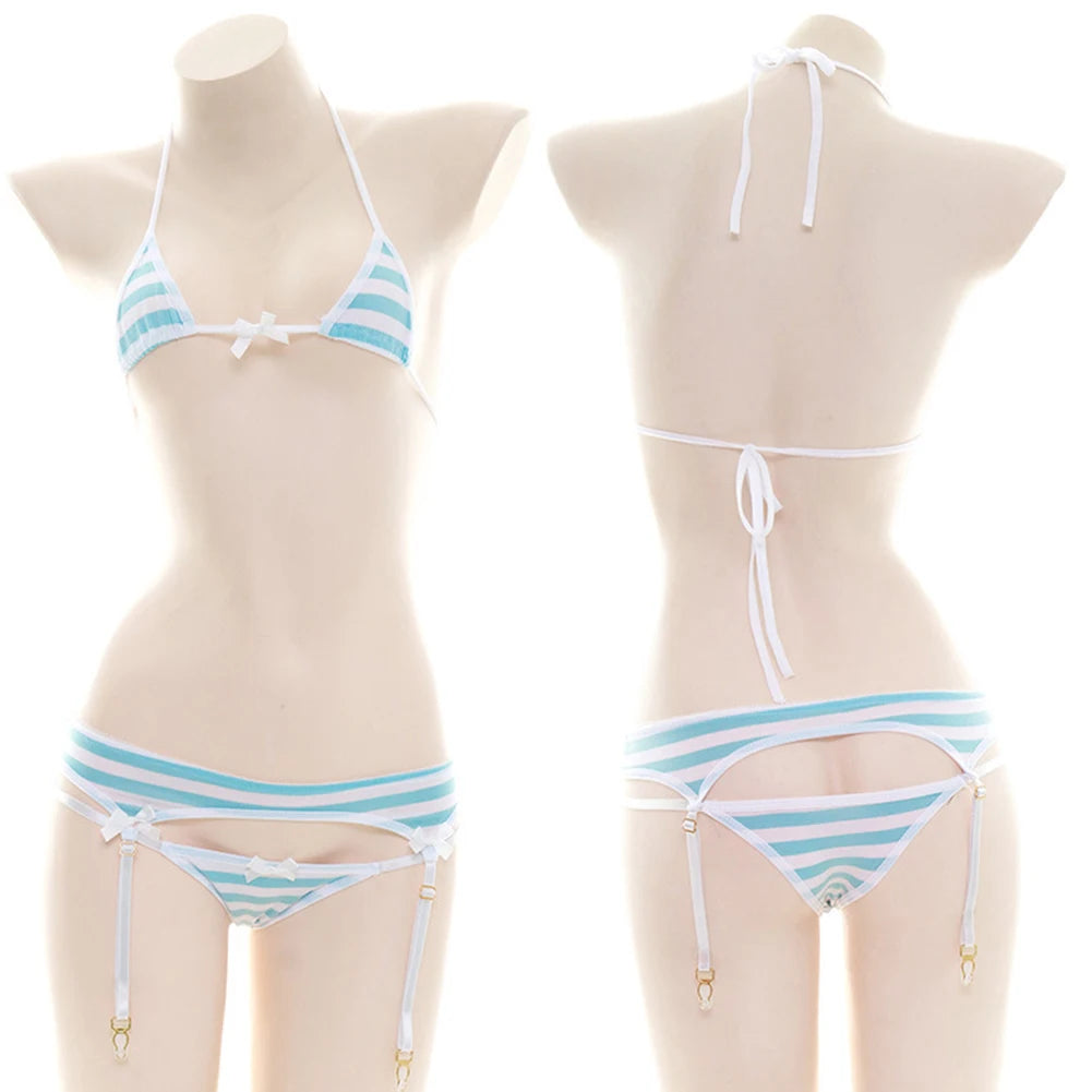 Sexy Bikini Set Women Strap Underwear Stripe Cute Lingerie Micro-Bikinis Swimwear Japanese Schoolgirl Anime Cosplay