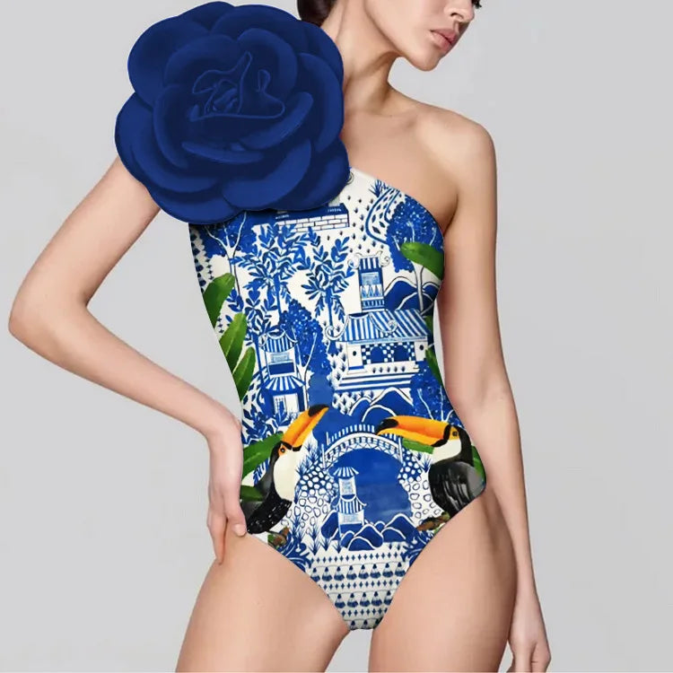 Blue One-Shoulder Ruffled Print Floral Swimsuit Set Cover Up Single Piece Micro Monokini Sexy Swimwear For Girls Summer Beach
