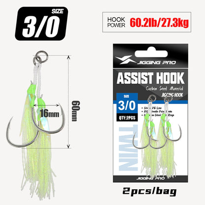 JIGGING PRO Twin Assist Hooks 1/0 2/0 3/0 4/0 Double Barbed BKK High Carbon Steel Fishing Hook With Glow Feather Jigging Hook