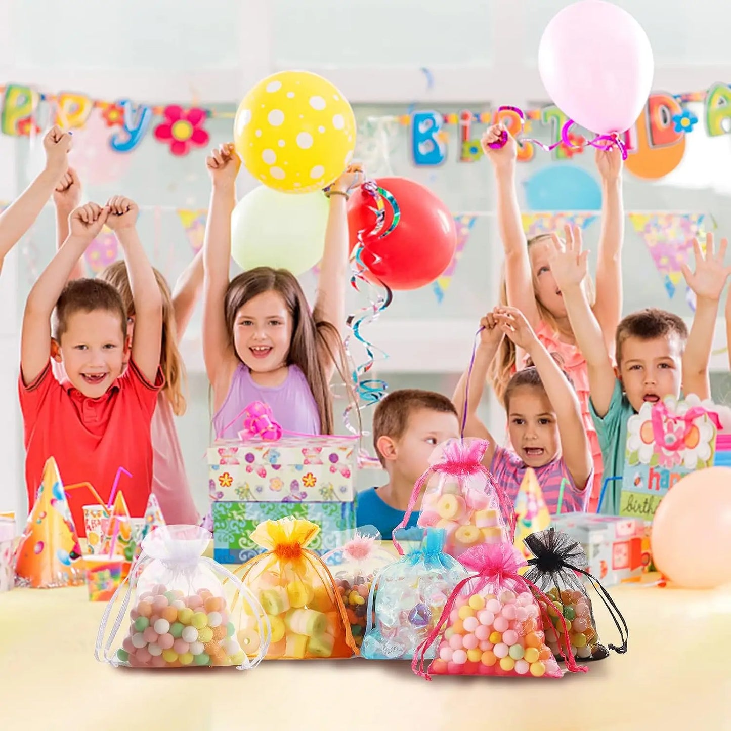 100PCS Organza Bags Random Mesh Organza Jewelry Bags Drawstring, Small Drawstring Favor Pouches Christmas Candy Wedding Birthday