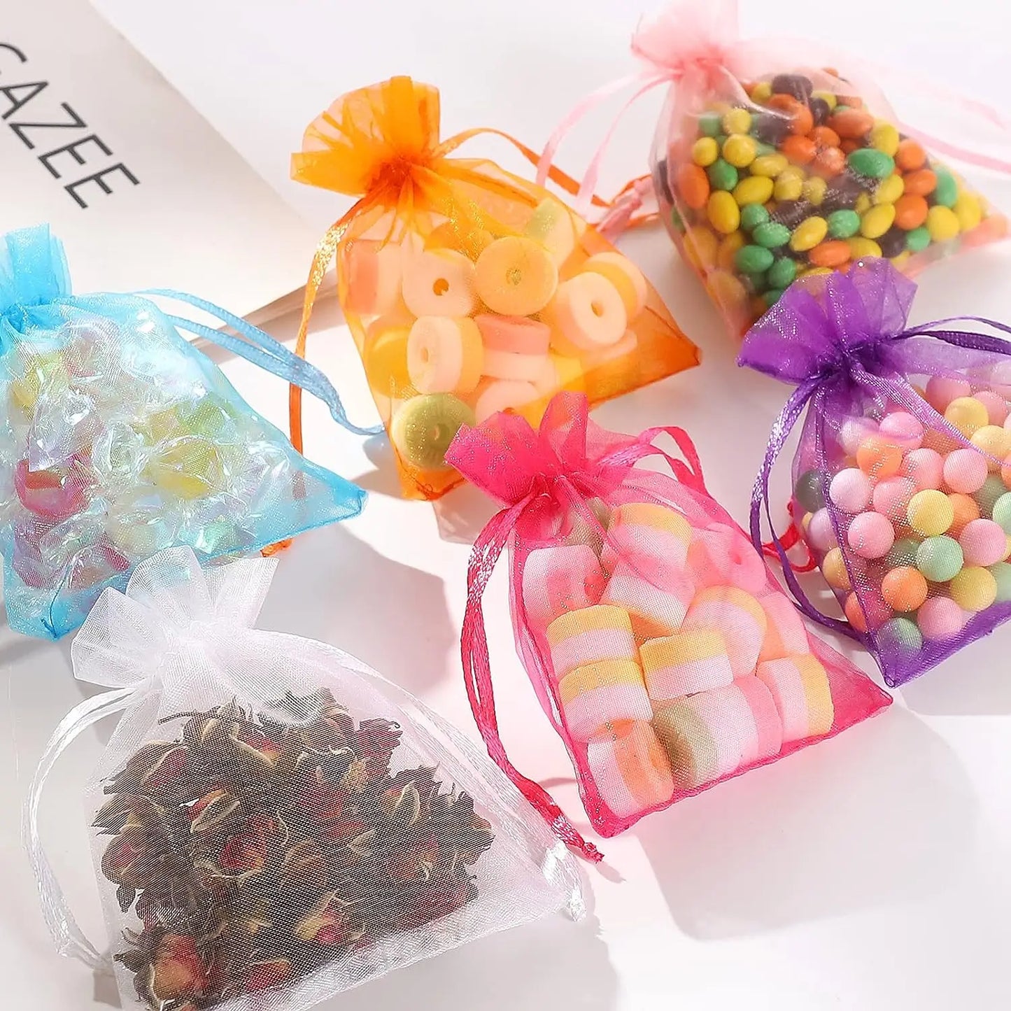100PCS Organza Bags Random Mesh Organza Jewelry Bags Drawstring, Small Drawstring Favor Pouches Christmas Candy Wedding Birthday