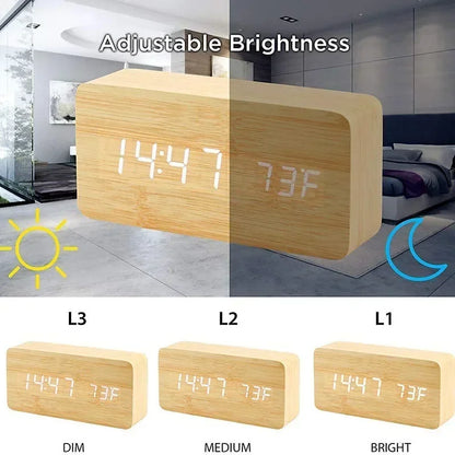 Digital Alarm Clock Wooden LED Table Clock with Temperature for Bedroom Office Travel Desk Decorations