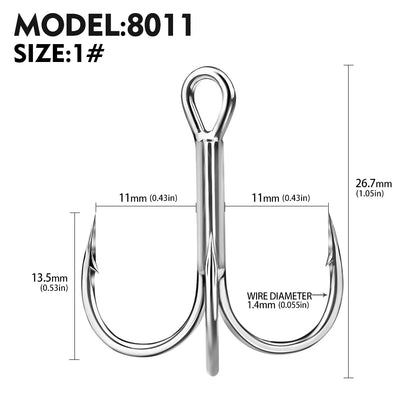 20pcs High Carbon Treble Hooks - Super Sharp, Solid Size 1#-14# Triple Barbed Steel Fishing Lure - Jigging Fishing Hook