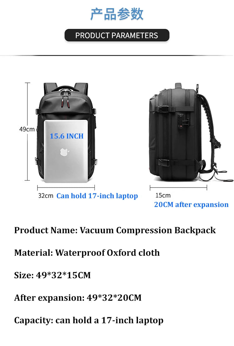 Travel Men 17 Inch Laptop Backpack Vacuum Compression Backpack Business Large Capacity School Backpack Expand Outdoor Backpack