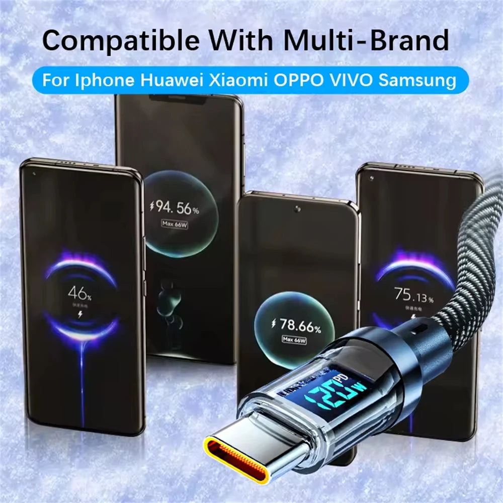 NNBILI 100W USB C 120W USB A Charging Cables with LED Display Screen, USB C=C-C，USB A=A-C, Not for Xiaomi iPhone Samsung