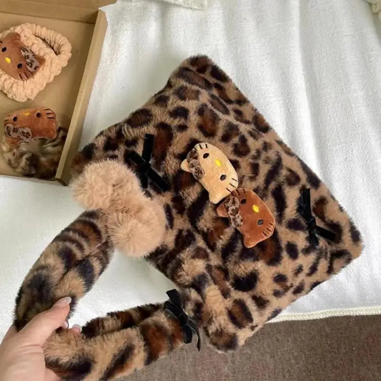 Hello Kitty leopard print plush fashion cute handbag for girls shoulder bag armpit handbag lightweight and durable gift forgirls