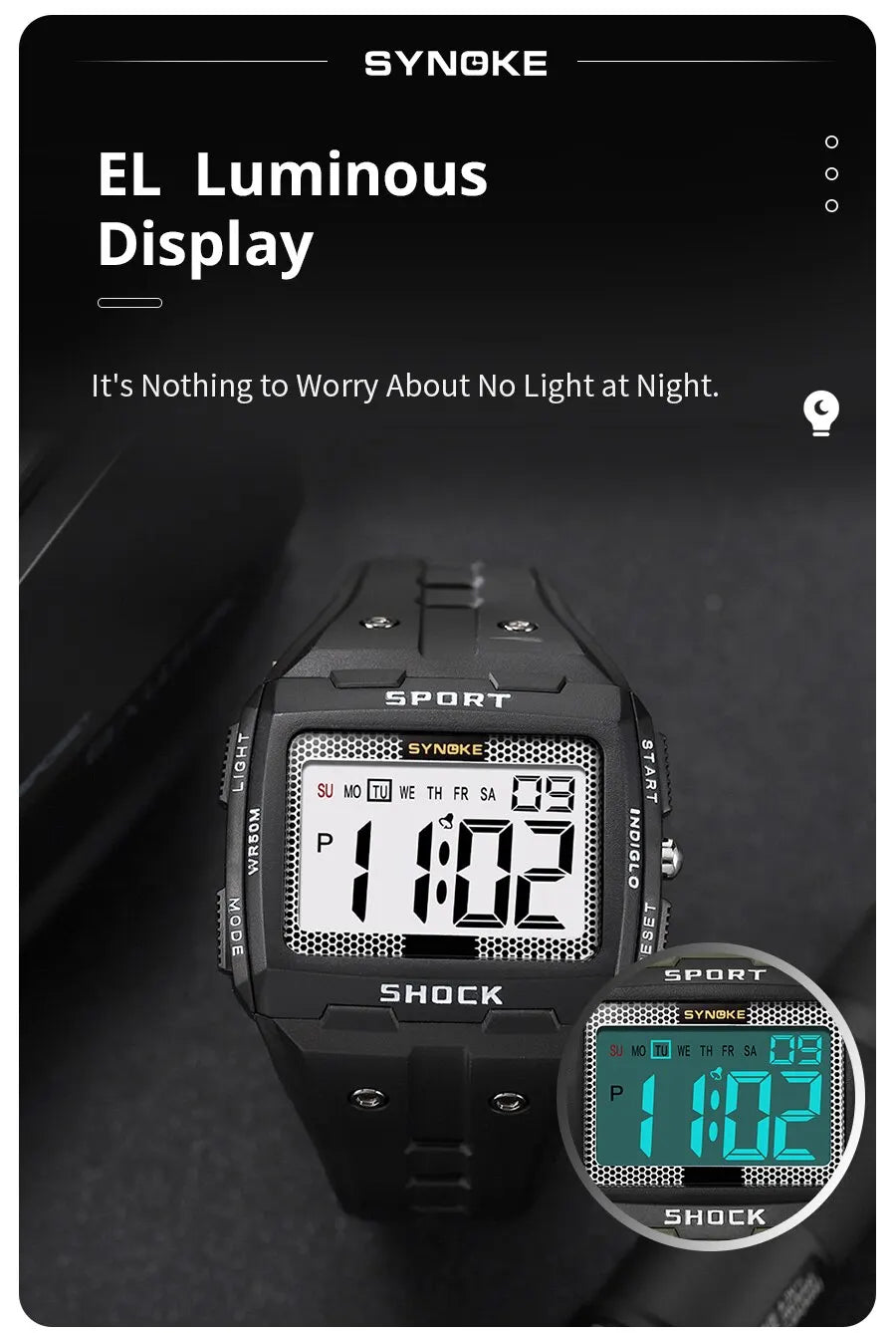 SYNOKE New For Men Sports Electronic Watch Waterproof Night Glow Large Screen Square Outdoor Running Camping Student Watch