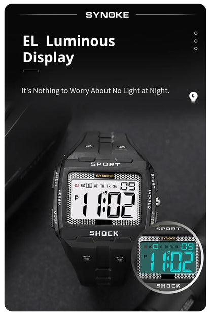 SYNOKE New For Men Sports Electronic Watch Waterproof Night Glow Large Screen Square Outdoor Running Camping Student Watch