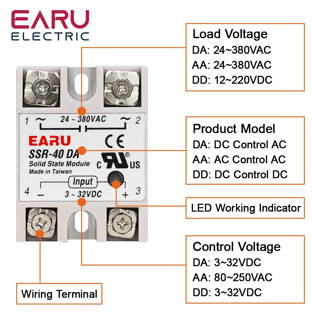 Solid State Relay Single Phase SSR-25DA SSR-40DA SSR-40AA SSR-40DD SSR 10/25/40/60/80/100A DD DA AA for PID Temperature Control