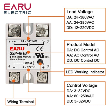 Solid State Relay Single Phase SSR-25DA SSR-40DA SSR-40AA SSR-40DD SSR 10/25/40/60/80/100A DD DA AA for PID Temperature Control